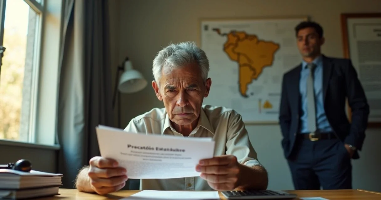 Idoso em escritório segurando documento de precatório com golpista às sombras ao fundo